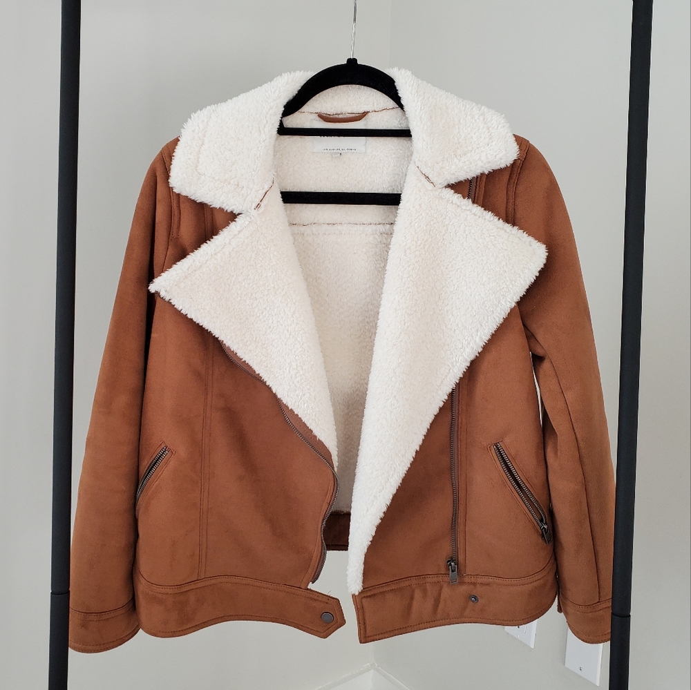LUCKY BRAND SUEDE AND FAUX SHEARLING MOTO JACKET, SIZE XS